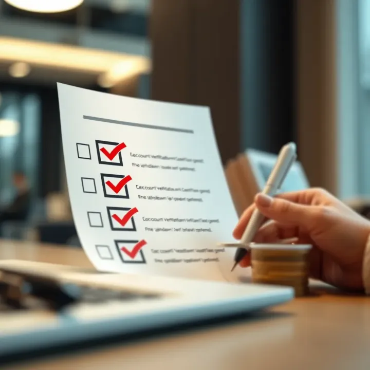 Illustration of a checklist with account verification and compliance icons indicating smooth withdrawal approval