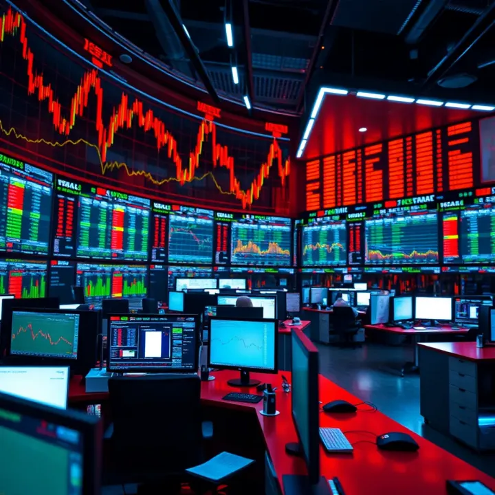 A vibrant South African trading floor with dynamic stock charts and trading desks