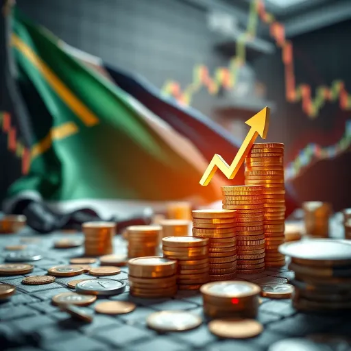 Illustration of financial growth with South African flag and forex trading symbols