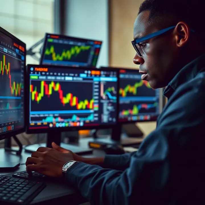 South African forex trader analyzing currency charts on multiple computer screens