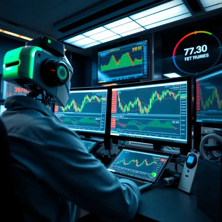 Illustration of automated forex trading system analyzing currency charts on multiple screens