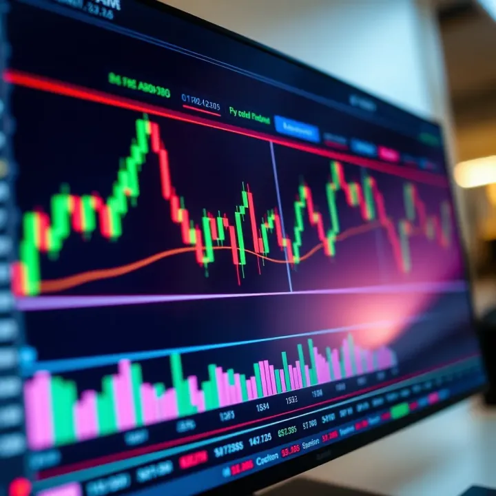 Close-up of a digital trading platform displaying forex charts and candlestick patterns