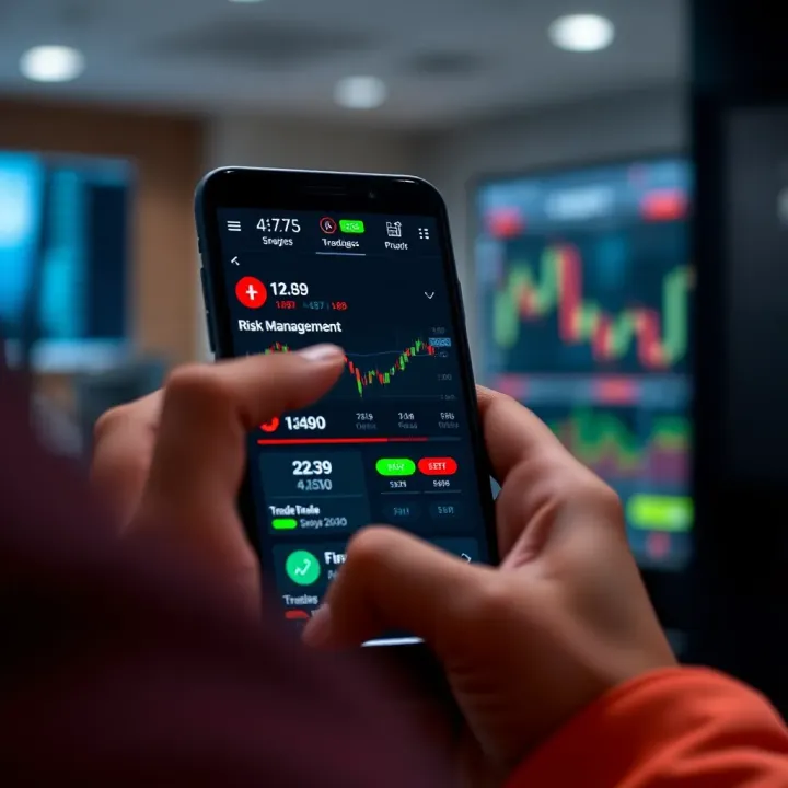 User navigating forex trading app showing risk management tools and trading alerts on a mobile device