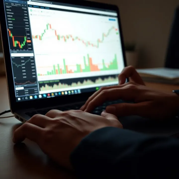 Close-up of hands using a laptop with forex trading charts and risk management graphs