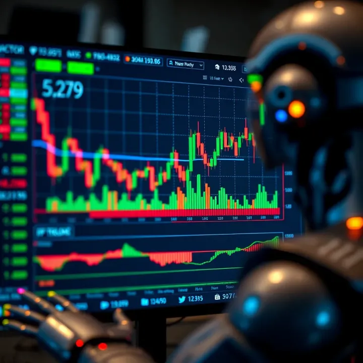 Graph illustrating forex trading robot strategies with market indicators and performance data on screen