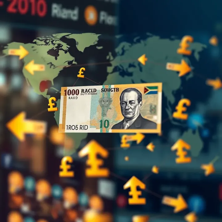 Global Market Influences on the South African Rand Value Global market connections impacting South African Rand with arrows and currency symbols