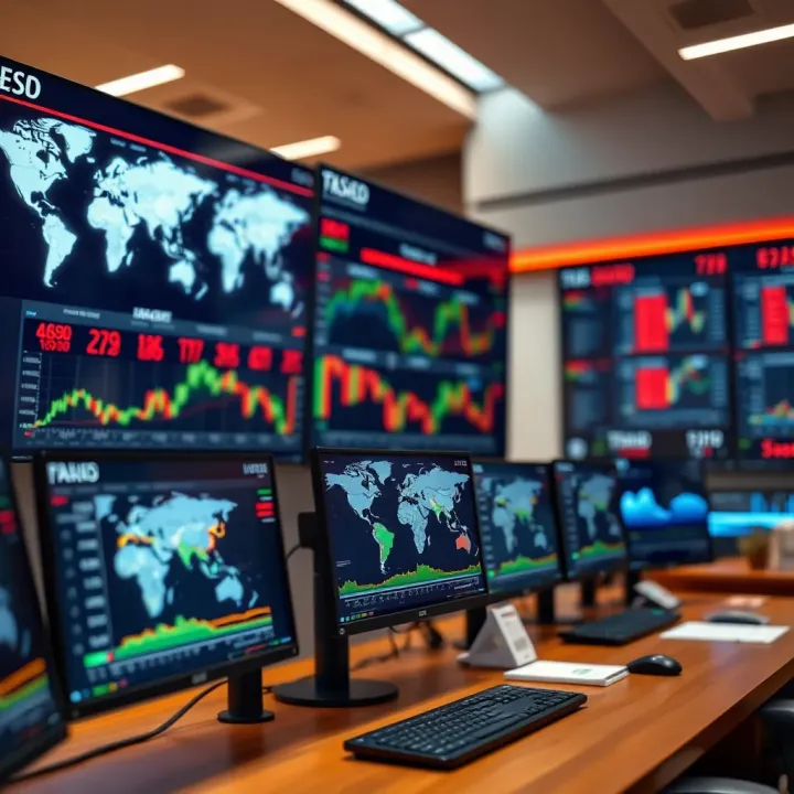 Close-up of a trading desk featuring multiple monitors displaying global stock exchanges and currency markets