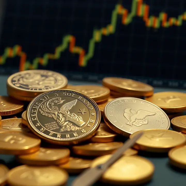 South African Rand coins with gold bars and investment graphs