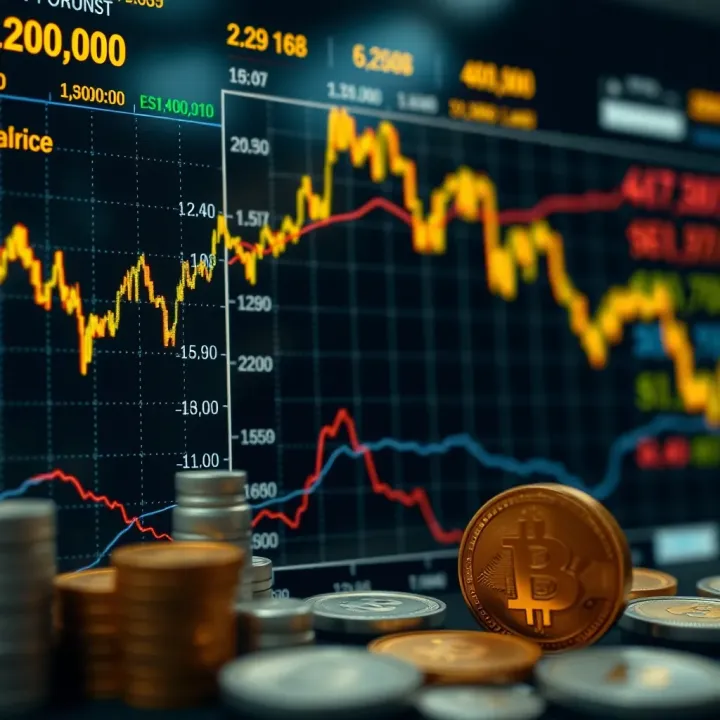 Fluctuating gold price chart with economic indicators and currency symbols