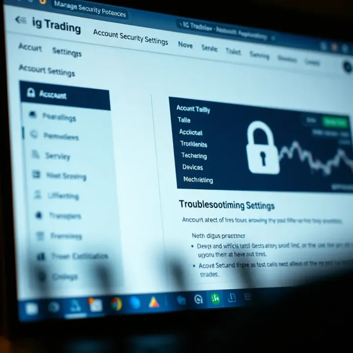 Visual representation of account security settings and troubleshooting options on IG Trading platform