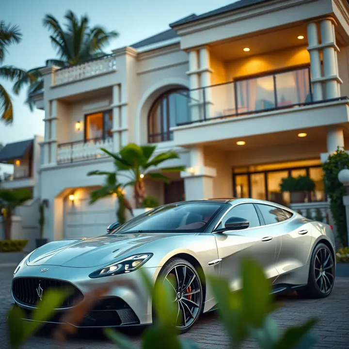 Luxury Vehicle and Property Illustrating Economic Prosperity Elegant luxury car parked in front of a high-end property depicting wealth accumulation
