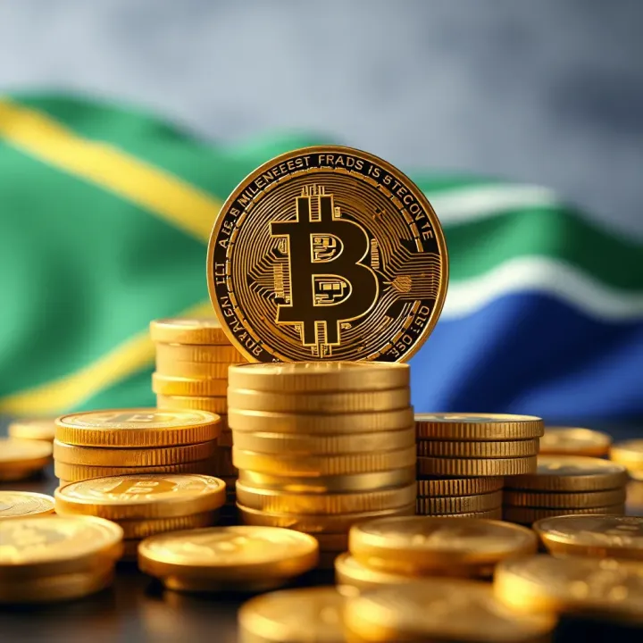 Visualization of Bitcoin coins stacked with the South African flag in the background symbolizing cryptocurrency wealth in South Africa