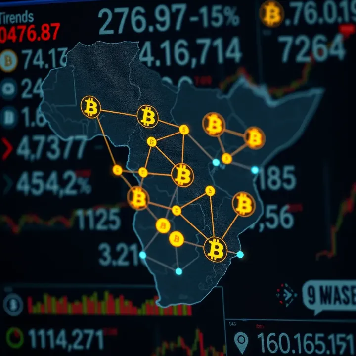 Cryptocurrency Market Trends and Regulatory Environment in South Africa Graphic showing a digital map of South Africa with blockchain nodes and cryptocurrency symbols illustrating local market trends and regulatory landscape