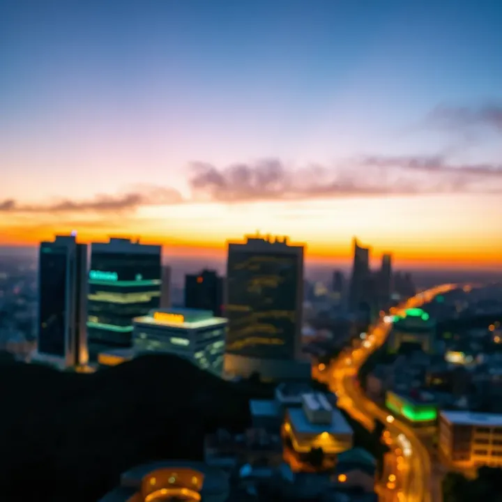 Illustration of digital currency symbols overlaid on South African city skyline at dusk