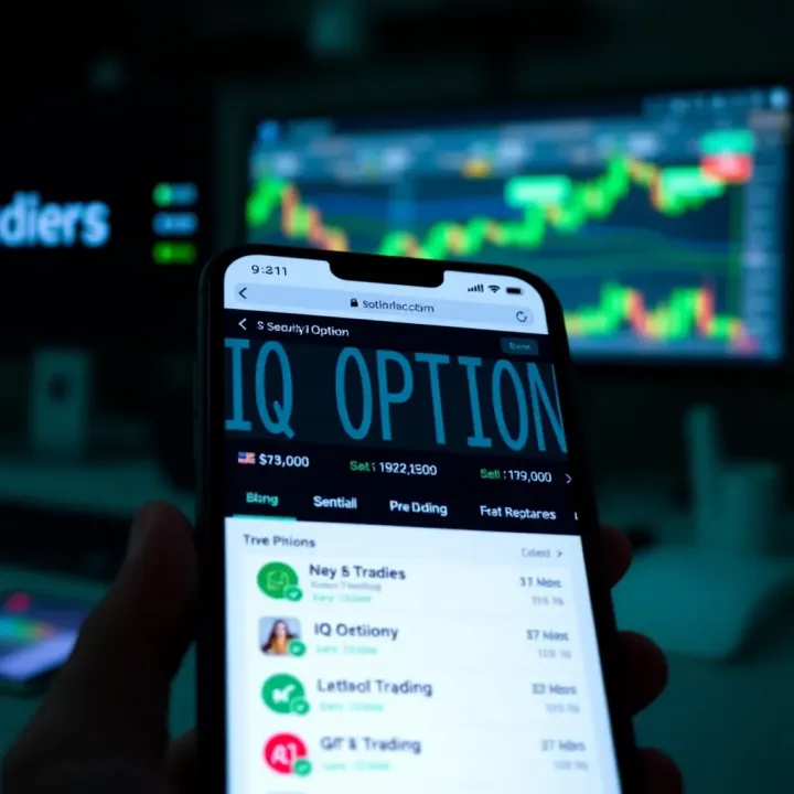 Mobile phone showing IQ Option app with trading options and security features