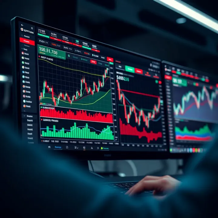 User interface of IQ Option trading platform displaying various trading charts and tools