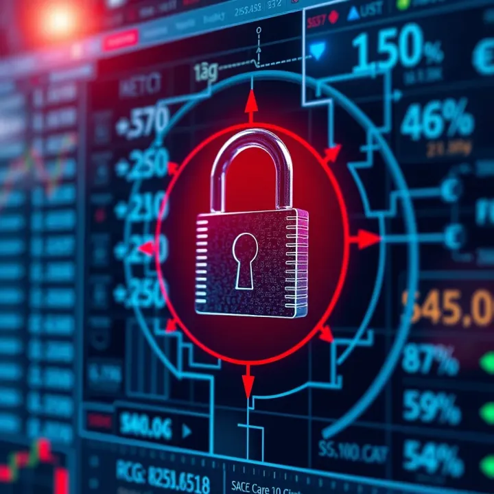 Conceptual illustration of financial security with digital lock and currency symbols representing safe online trading