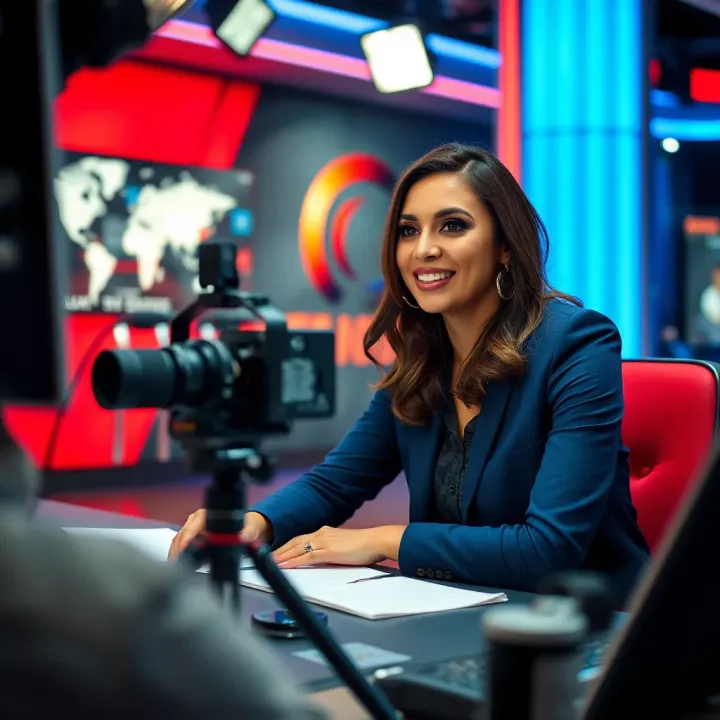 Layah Heilpern hosting a live broadcast with vibrant studio background