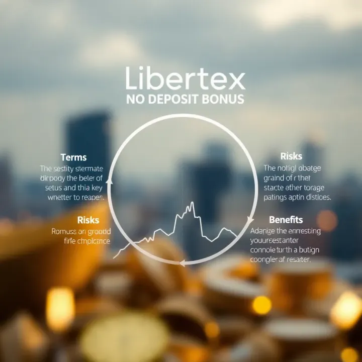 Graphic highlighting key terms, benefits, and risks of Libertex no deposit bonus for South African users