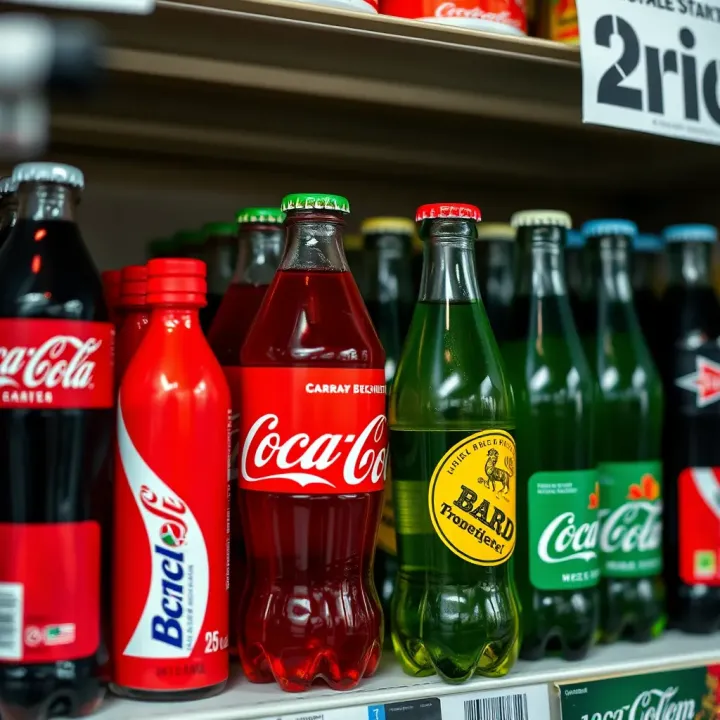 Various beverage bottles from major competing brands displayed on a shelf