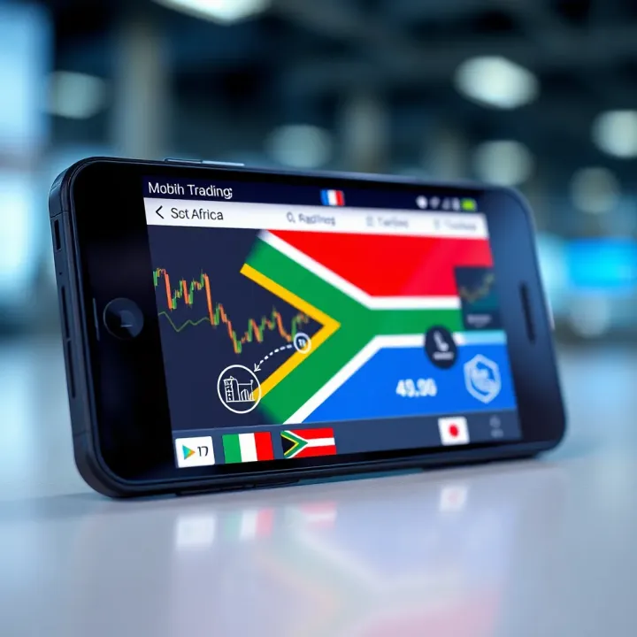 Illustration of a mobile device displaying trading software with connectivity icons and regulatory symbols representing South African market considerations