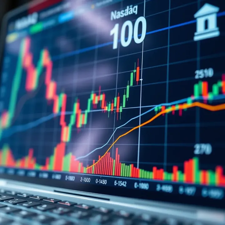 Technical chart analysis with candlestick patterns and trend lines illustrating market movement