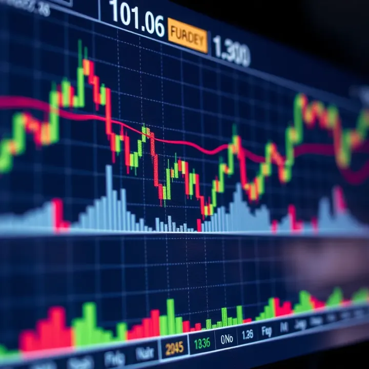 Chart displaying currency exchange rate fluctuations with trend lines and candlestick patterns
