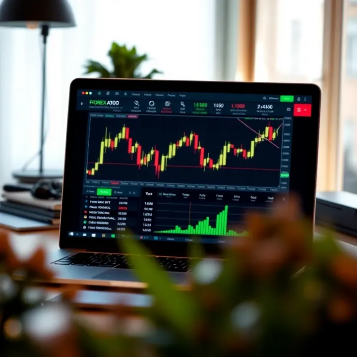 Illustration of a laptop screen showing forex trading platform interface with graphs and trade options