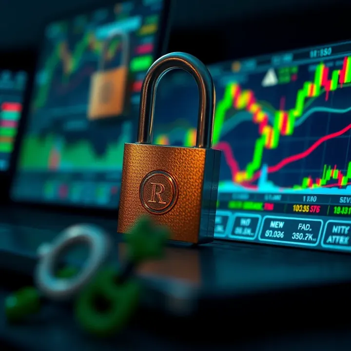 Illustration of secure mobile trading with locks and charts emphasizing safety features
