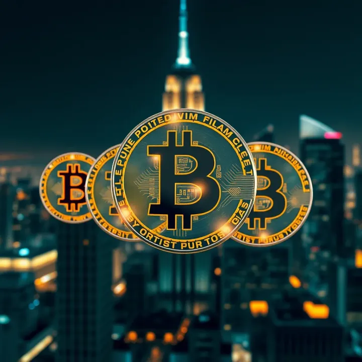 Graphic representation of digital currency symbols with a futuristic cityscape in the background