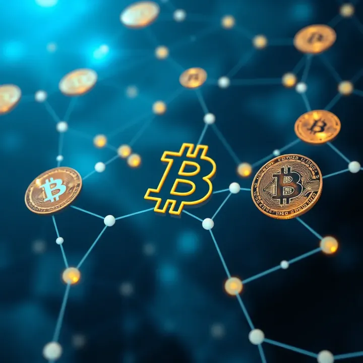 Illustration of cryptocurrency blockchain network with digital currency icons