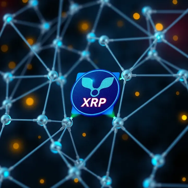 Digital representation of blockchain technology network nodes connected with Ripple XRP logo