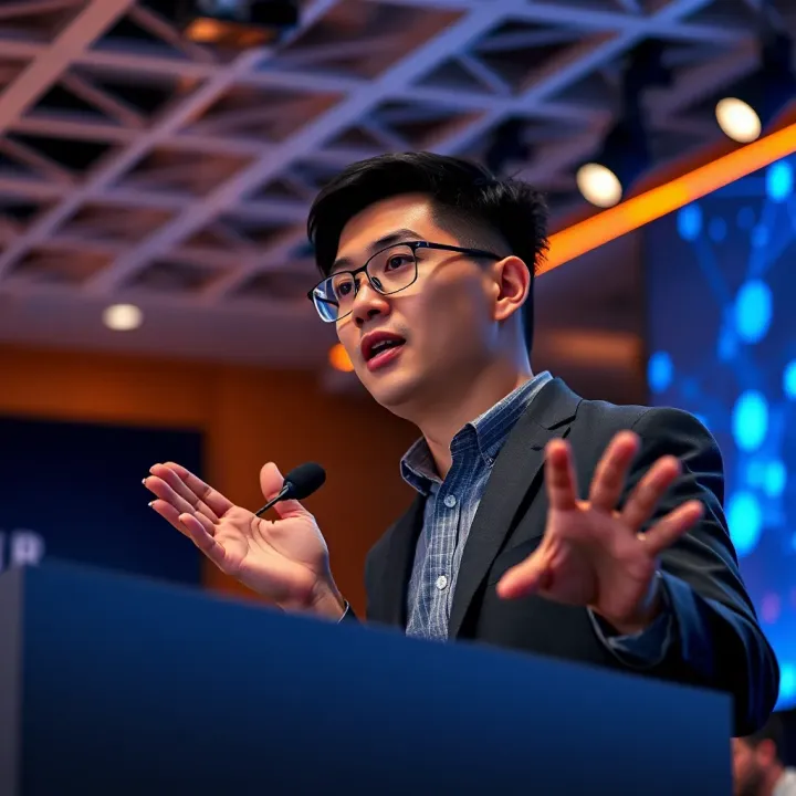 Samson Mow delivering a keynote speech at a blockchain conference with a futuristic digital backdrop