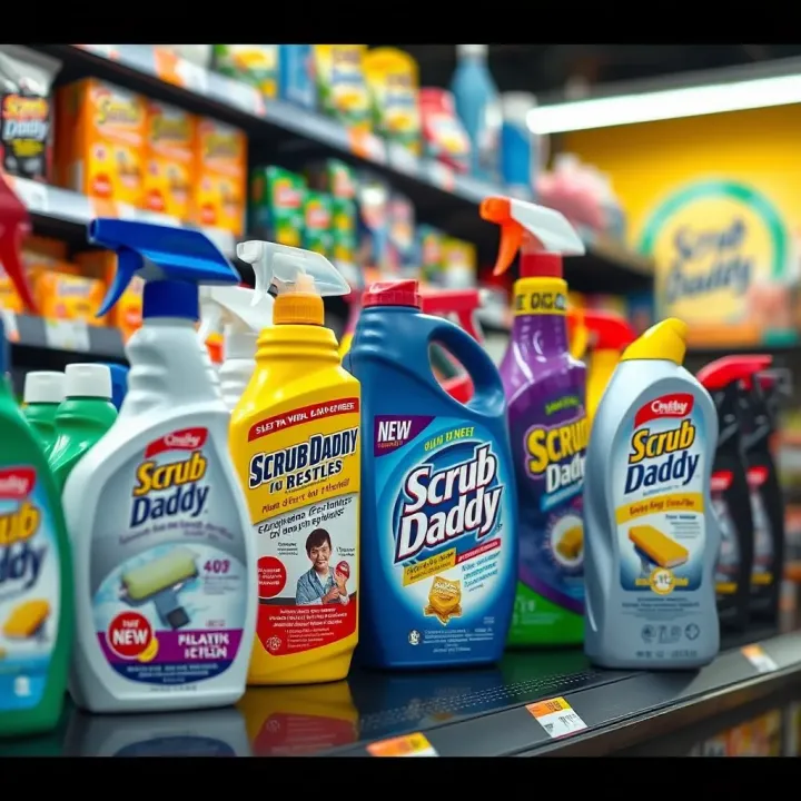 Collection of various Scrub Daddy cleaning products displayed on a retail shelf