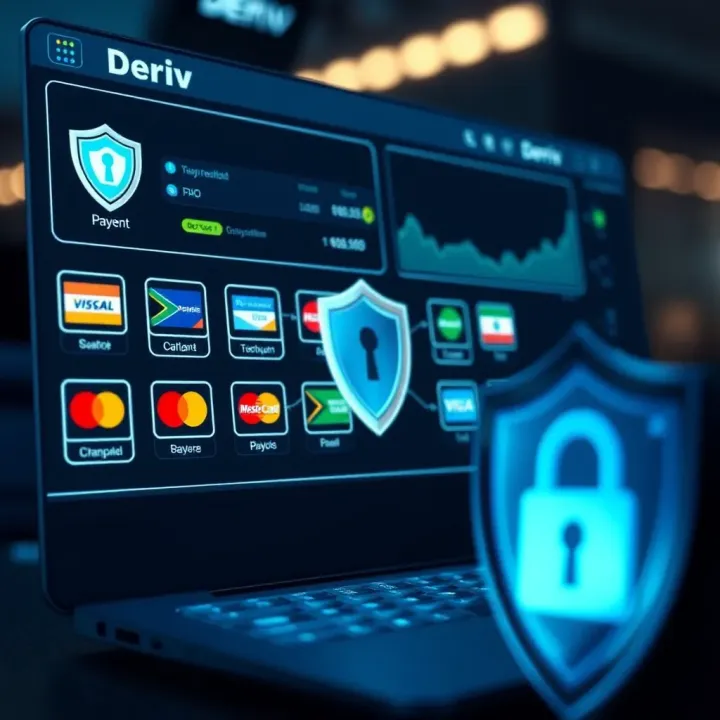 Secure Payment Methods and Security Features on Deriv Cashier Platform Secure online transaction with icons representing multiple payment methods and security shield