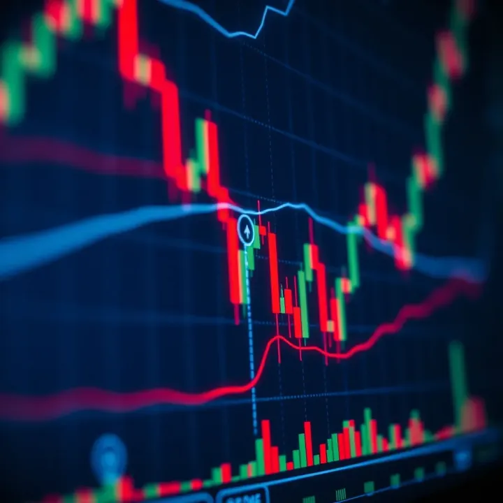 Graph showing dynamic market trends with candlestick patterns and volume indicators