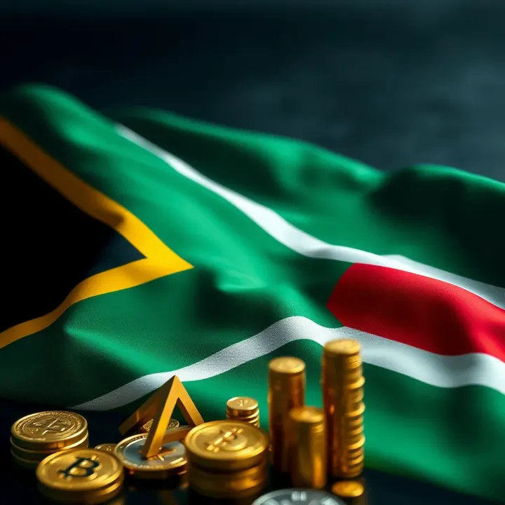 South African flag with financial symbols representing diverse trading assets and investment options