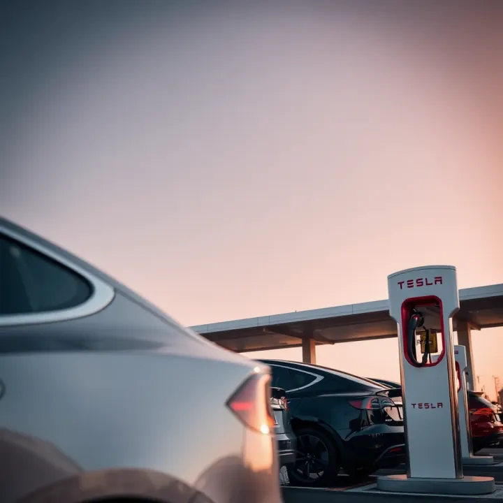 Tesla electric vehicle charging station with multiple cars connected under a clear sky