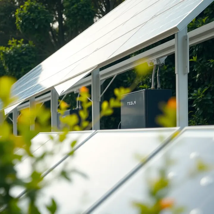 Tesla Renewable Energy Solutions and Battery Storage Tesla solar panels and battery storage setup with greenery background
