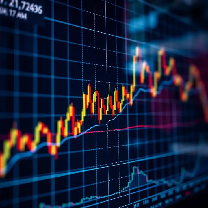 Graph with fluctuating lines depicting market trends and analysis