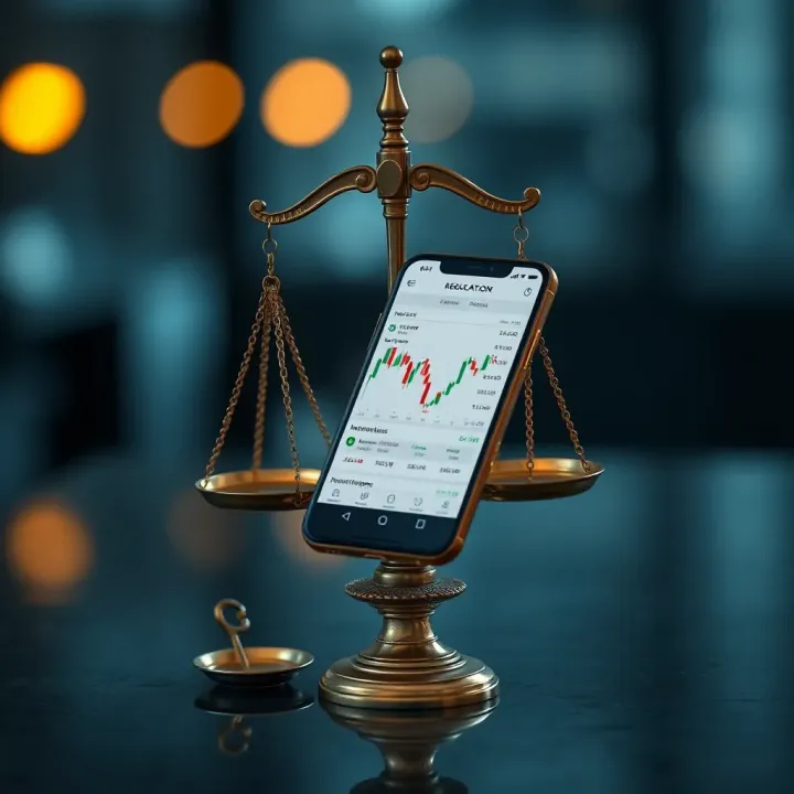 Illustration of legal scales balancing with a mobile phone displaying trading regulations