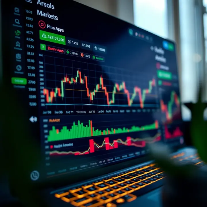 Interface showing Deriv.app trading dashboard with charts for forex and commodities