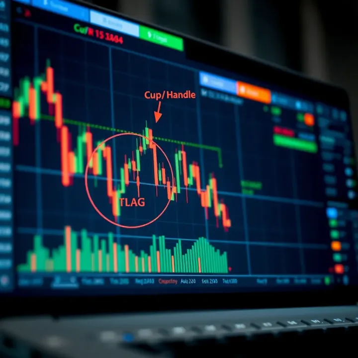 Advanced forex chart patterns diagram showing cup and handle and flag patterns with annotations for technical analysis