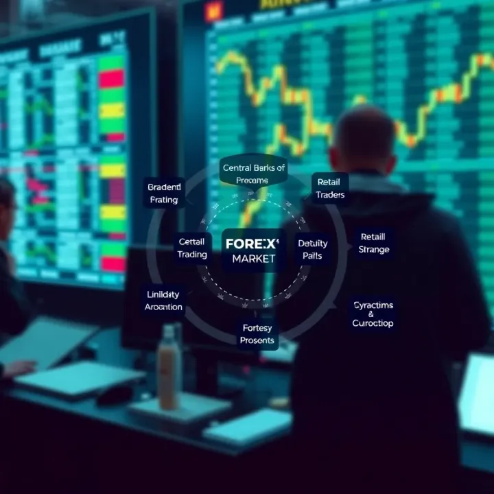Diagram showing the interconnected components of the forex market including central banks, liquidity providers, and retail traders