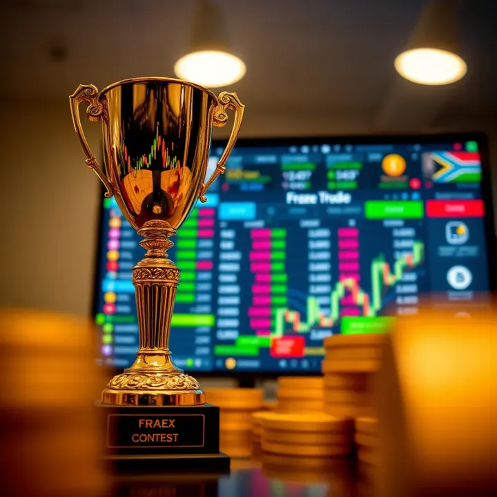 A trophy and digital interface with Forex contest rankings and prize notifications