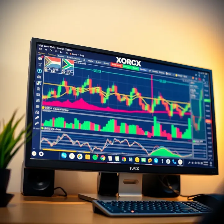 A computer screen displaying various Forex trading charts and data with South African currency symbols