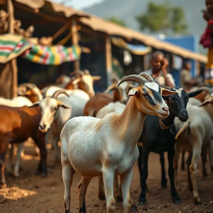 Rural Market Scene Illustrating Cultural and Economic Role of Goat Funded Trading A traditional rural market with livestock, highlighting the cultural and economic significance of goat funded trading in small-scale commerce