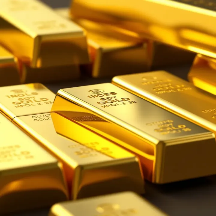 Close-up of gold bars stacked with reflective surfaces showcasing their value as investment assets