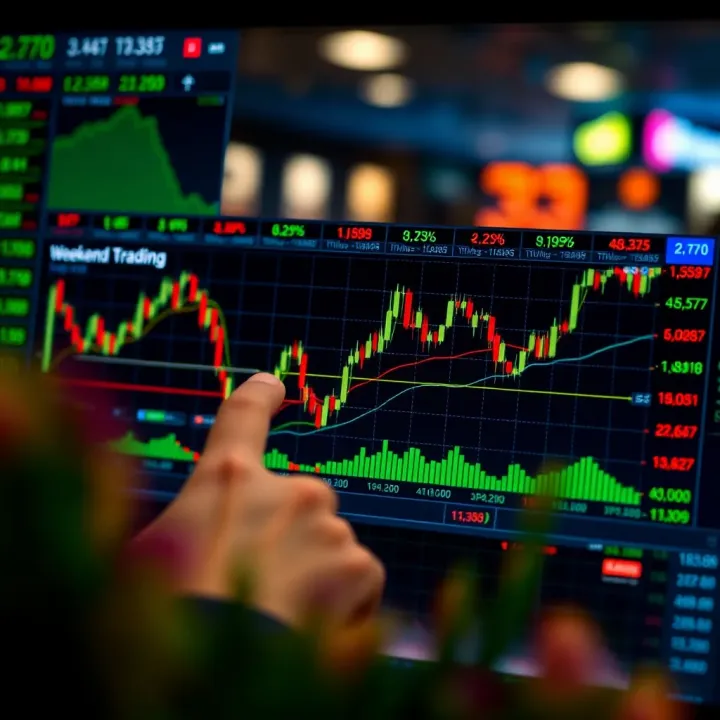 Graph showing weekend trading activity with fluctuating prices on multiple financial markets