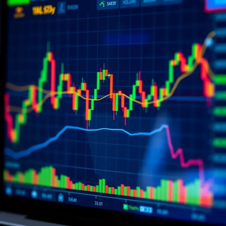 Dynamic live trading chart displaying real-time candlestick patterns and volume indicators on a digital screen